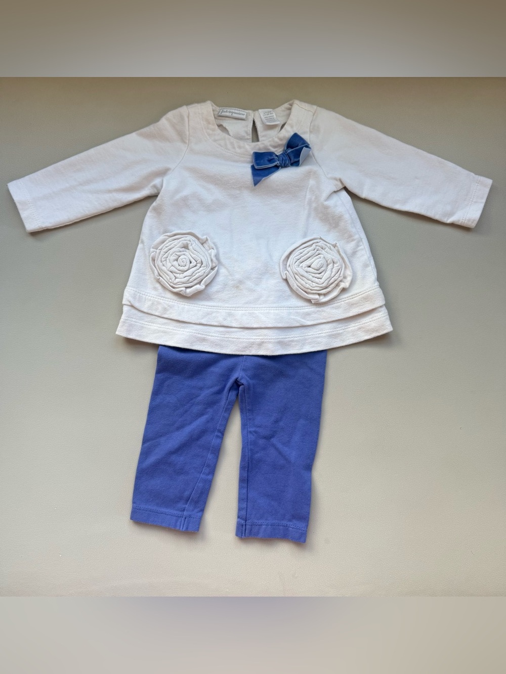 First Impressions Cream Long-Sleeve Top with Blue Bow and Blue Leggings